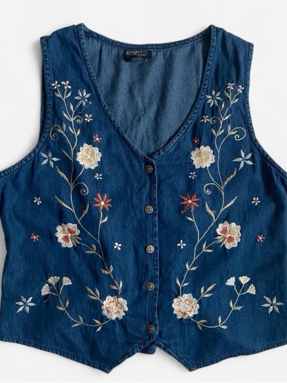 Vintage blue denim embroidered floral vest - Picture 2 of 9